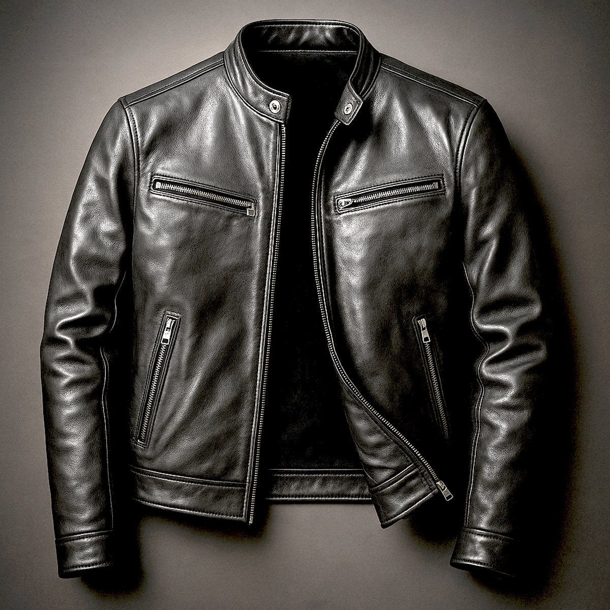 Men's Faux Leather Biker Jacket with Stand Collar and Zip Closure