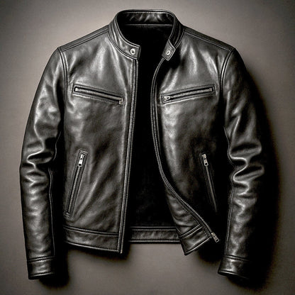 Men's Faux Leather Biker Jacket with Stand Collar and Zip Closure