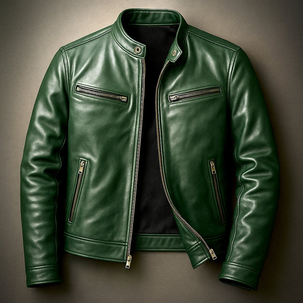 Men's Faux Leather Biker Jacket with Stand Collar and Zip Closure