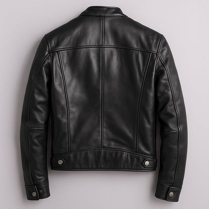 Men's Faux Leather Biker Jacket with Stand Collar and Zip Closure
