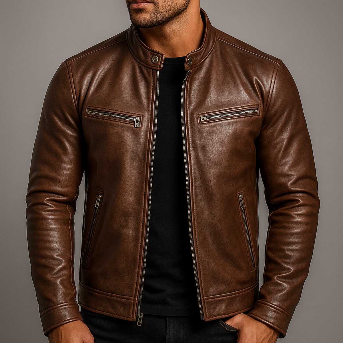 Men's Faux Leather Biker Jacket with Stand Collar and Zip Closure