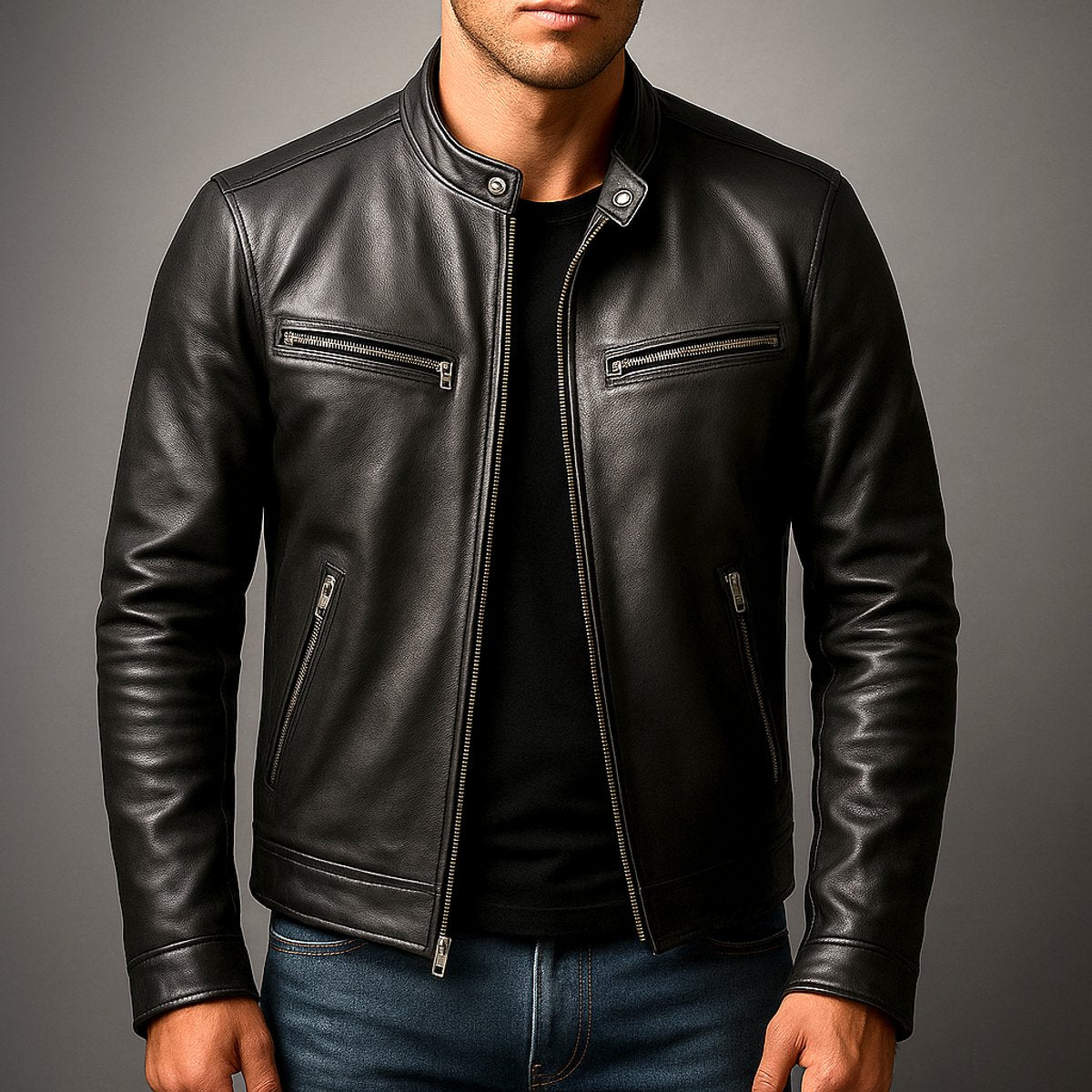 Men's Faux Leather Biker Jacket with Stand Collar and Zip Closure