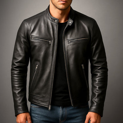 Men's Faux Leather Biker Jacket with Stand Collar and Zip Closure