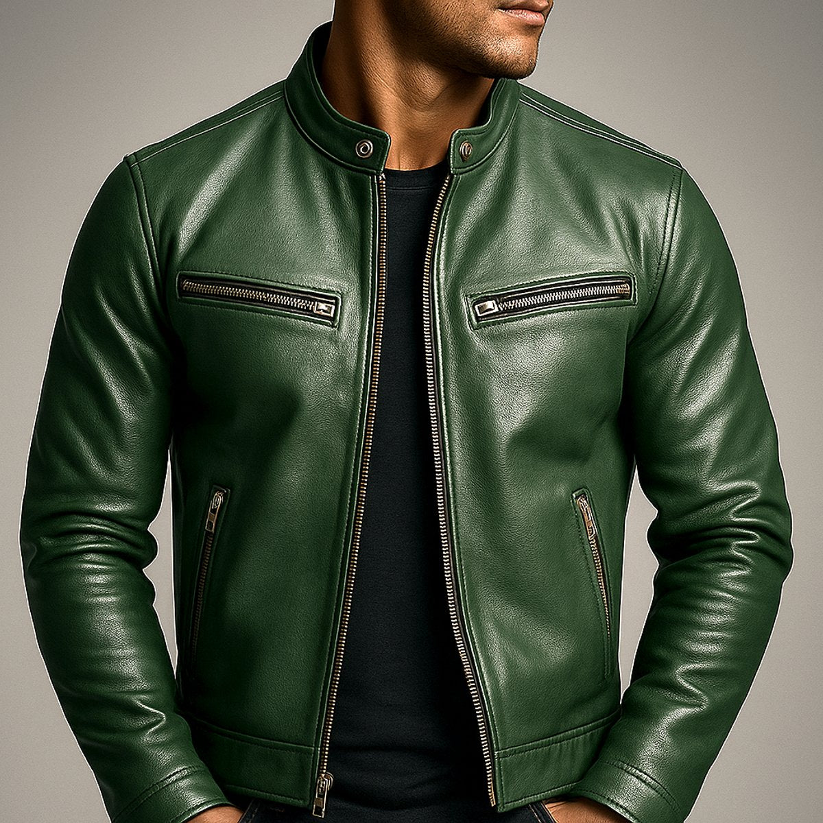 Men's Faux Leather Biker Jacket with Stand Collar and Zip Closure