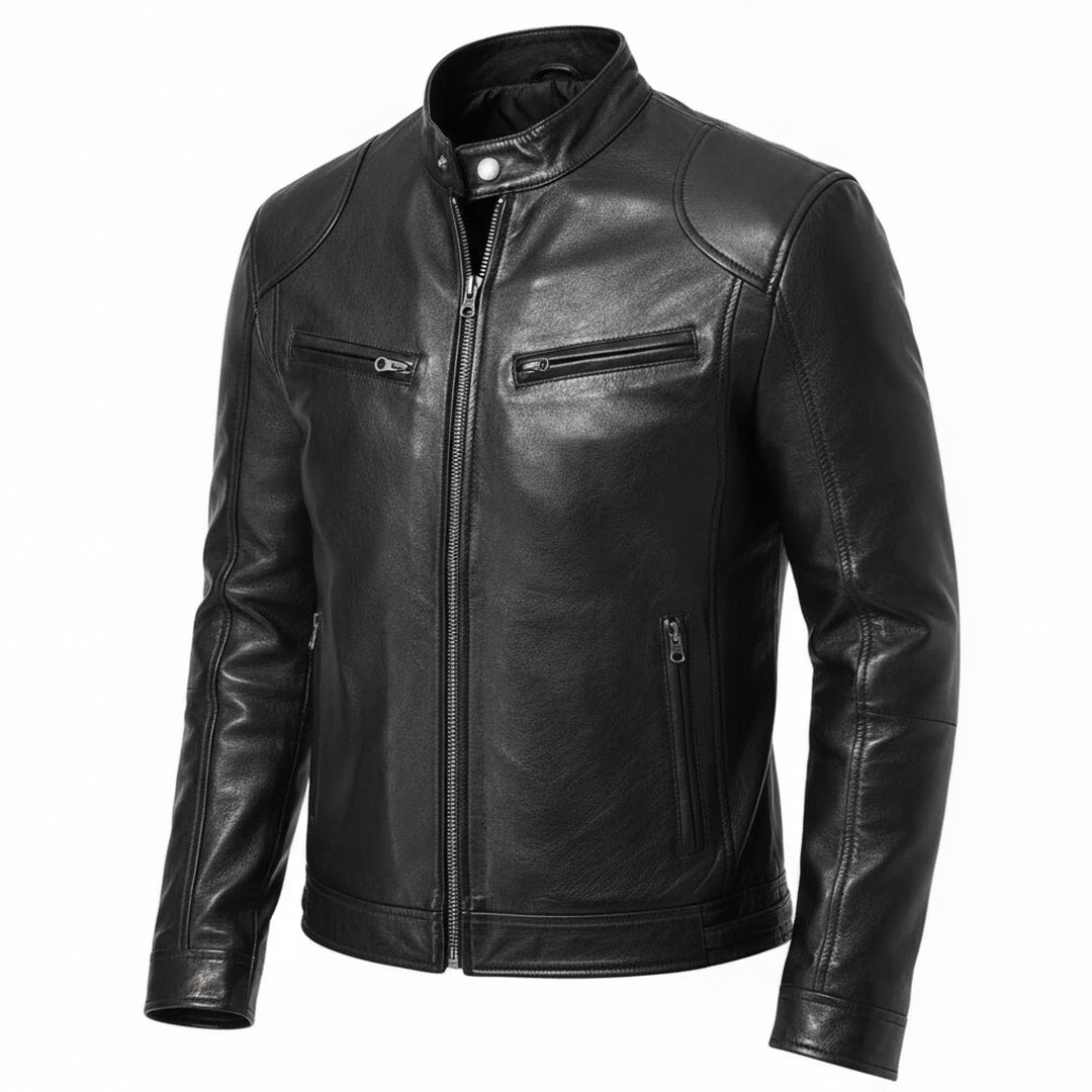 Men's Faux Leather Biker Jacket with Stand Collar, Zip-Up and Multiple Pockets
