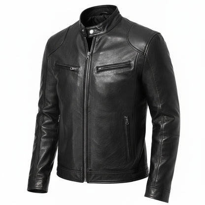 Men's Faux Leather Biker Jacket with Stand Collar, Zip-Up and Multiple Pockets