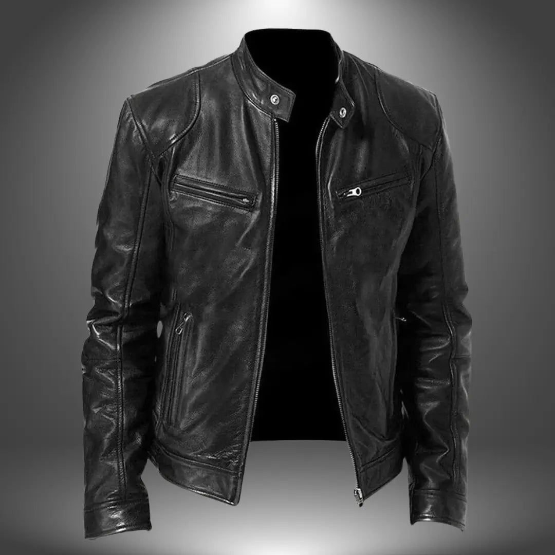 Men's Faux Leather Biker Jacket with Stand Collar, Zip-Up and Multiple Pockets