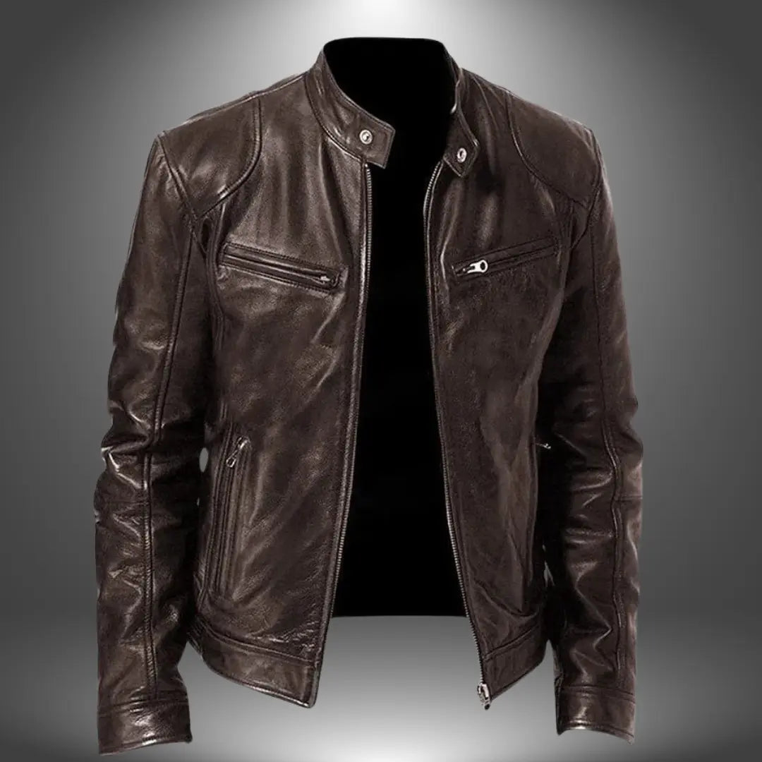 Men's Faux Leather Biker Jacket with Stand Collar, Zip-Up and Multiple Pockets