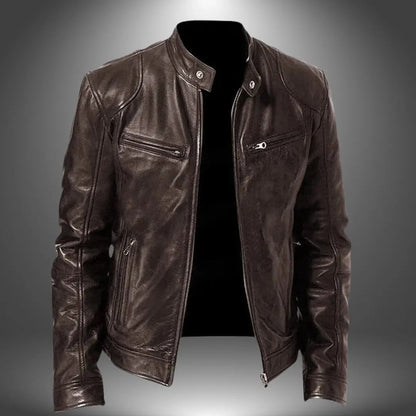 Men's Faux Leather Biker Jacket with Stand Collar, Zip-Up and Multiple Pockets