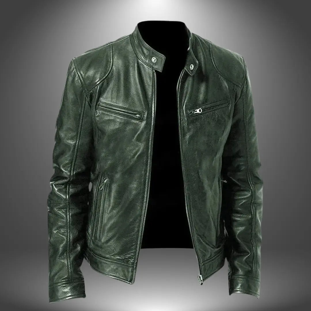 Men's Faux Leather Biker Jacket with Stand Collar, Zip-Up and Multiple Pockets