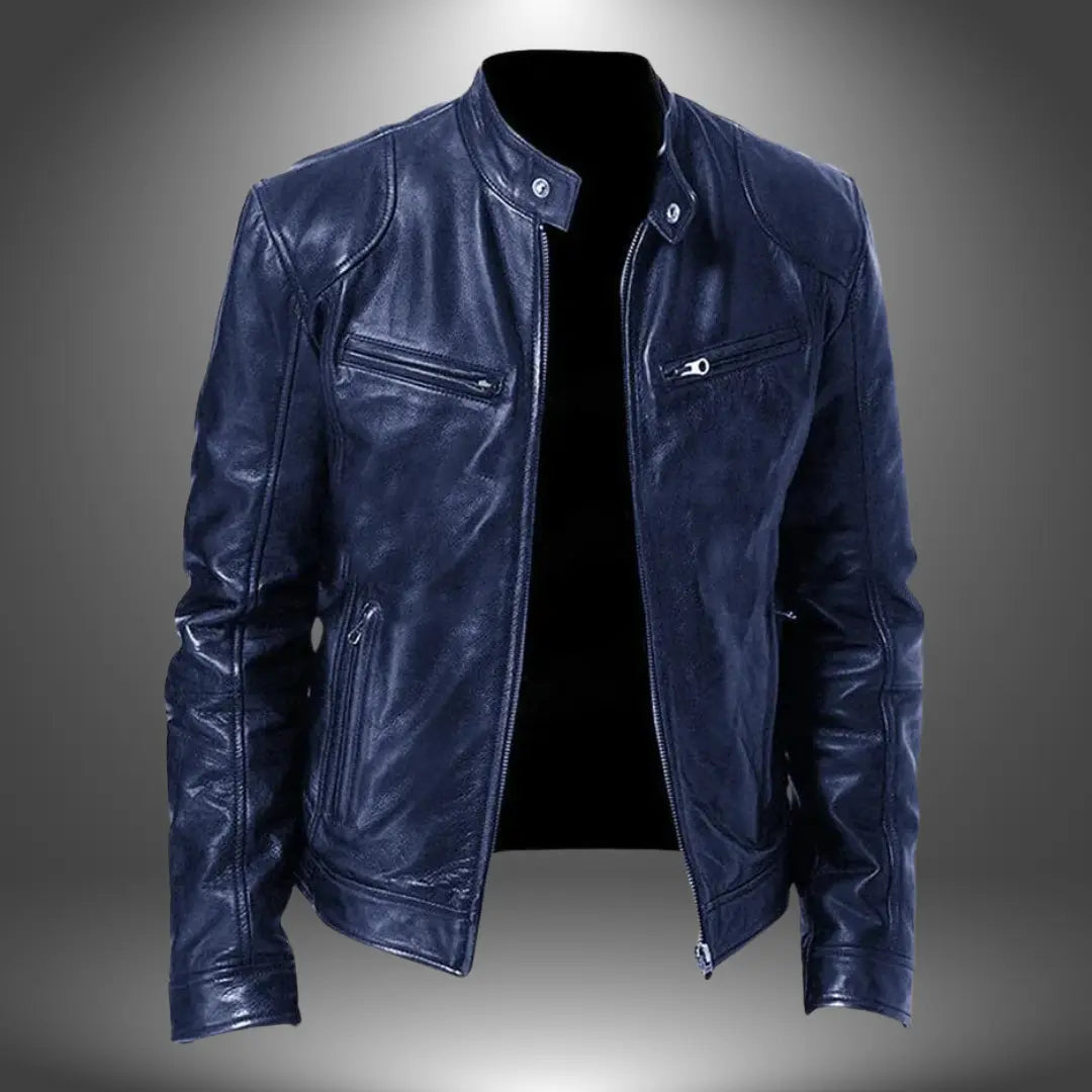 Men's Faux Leather Biker Jacket with Stand Collar, Zip-Up and Multiple Pockets