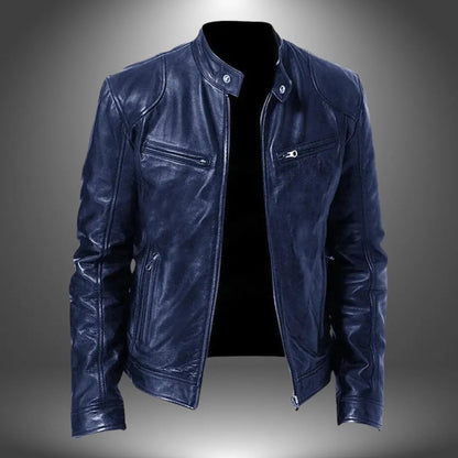 Men's Faux Leather Biker Jacket with Stand Collar, Zip-Up and Multiple Pockets