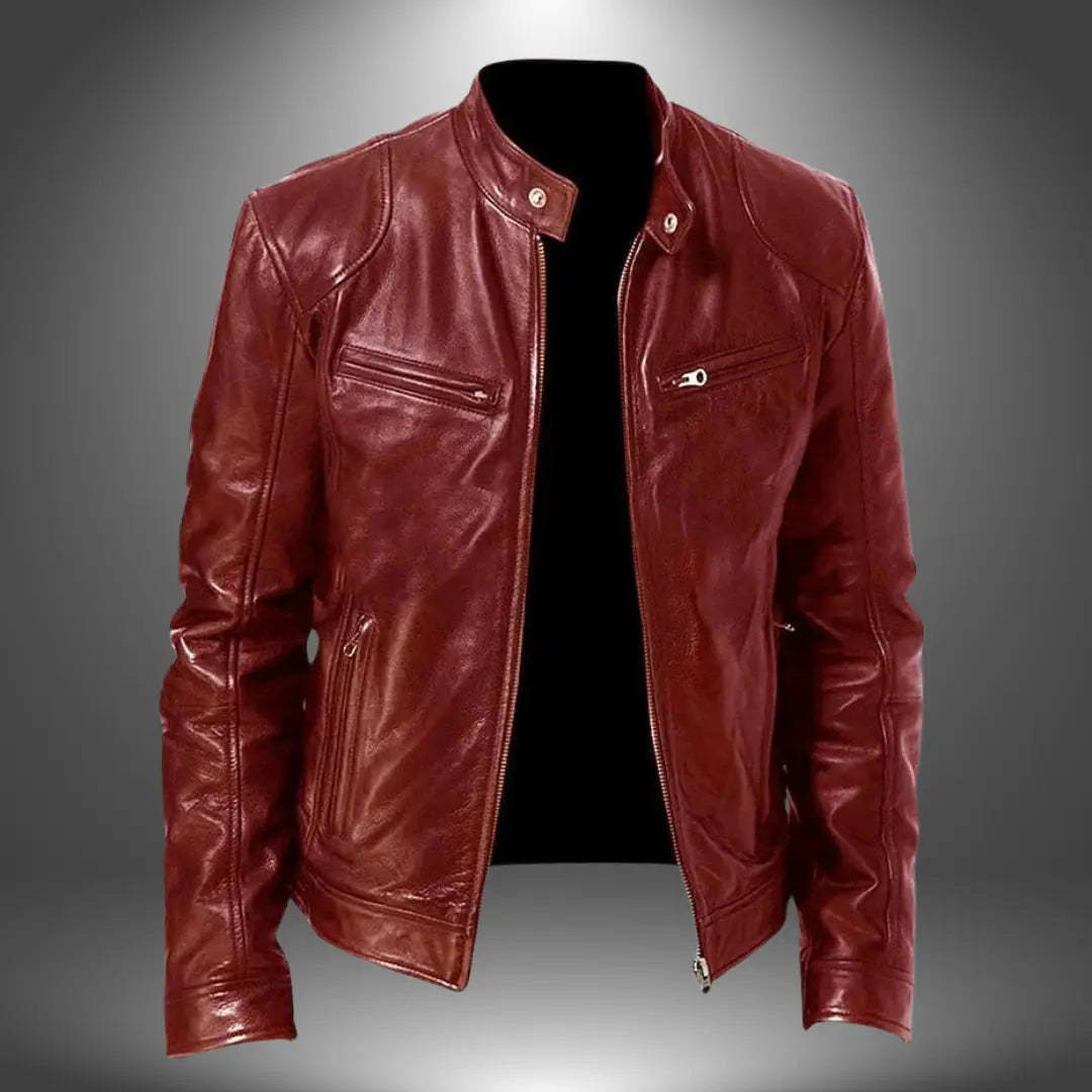 Men's Faux Leather Biker Jacket with Stand Collar, Zip-Up and Multiple Pockets