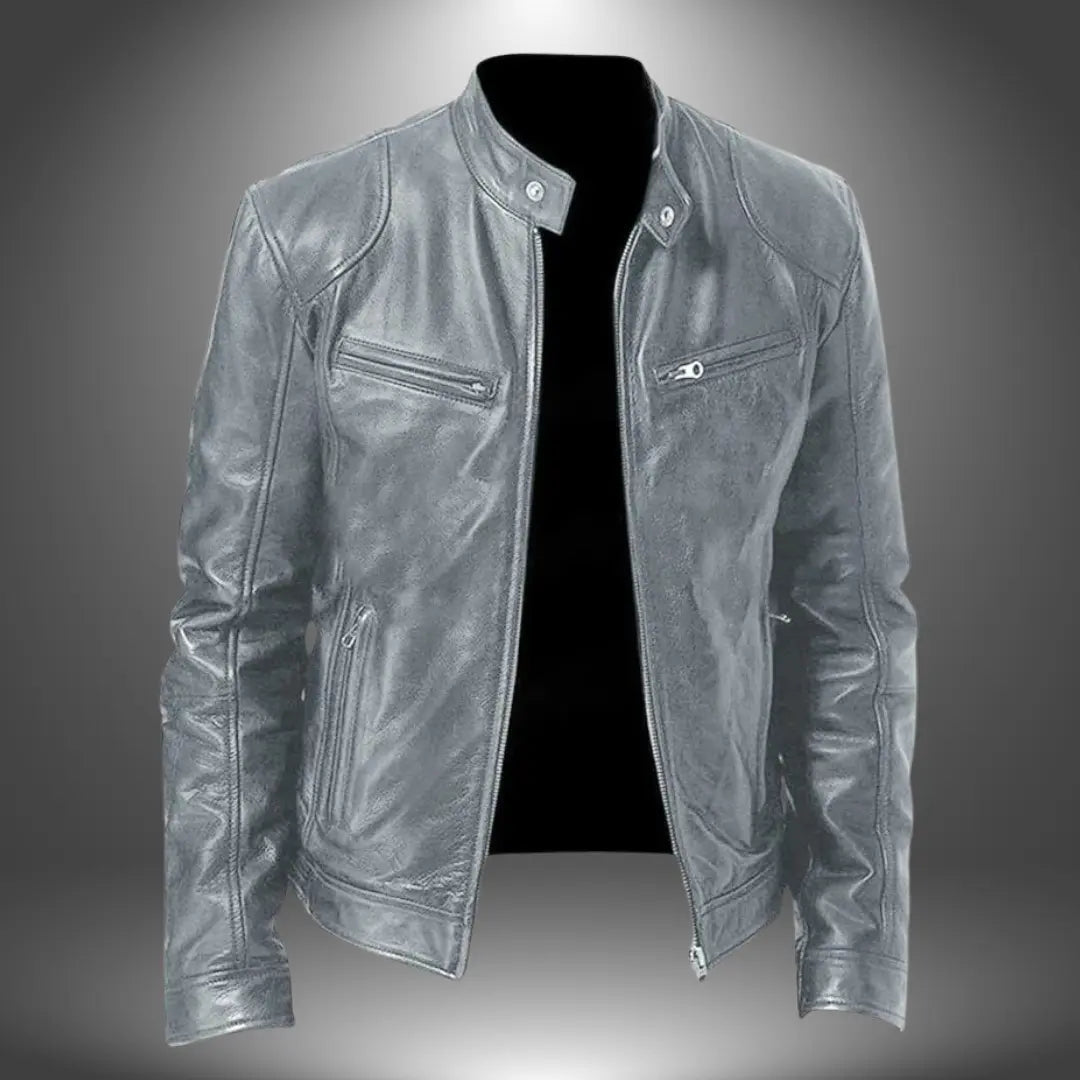 Men's Faux Leather Biker Jacket with Stand Collar, Zip-Up and Multiple Pockets