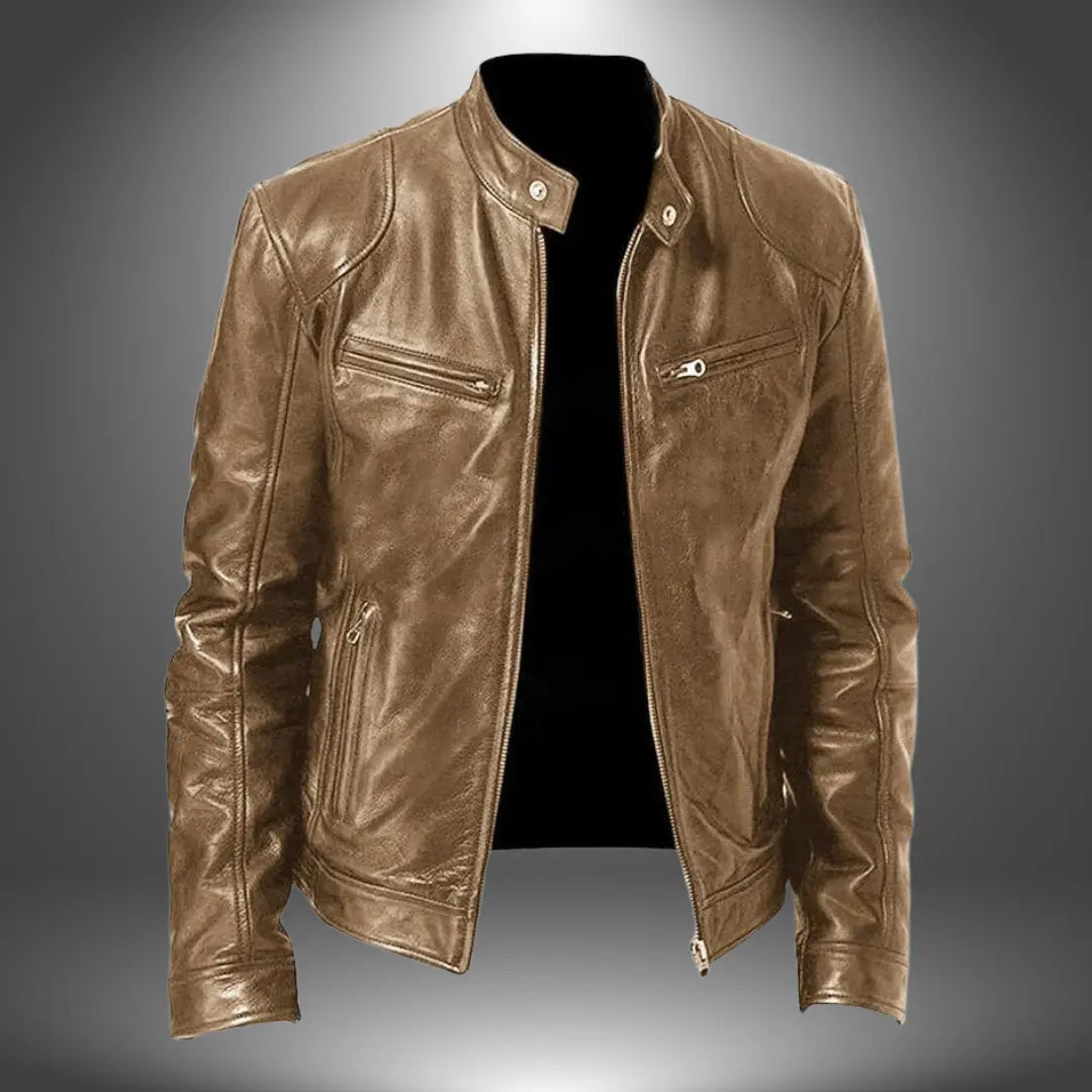 Men's Faux Leather Biker Jacket with Stand Collar, Zip-Up and Multiple Pockets