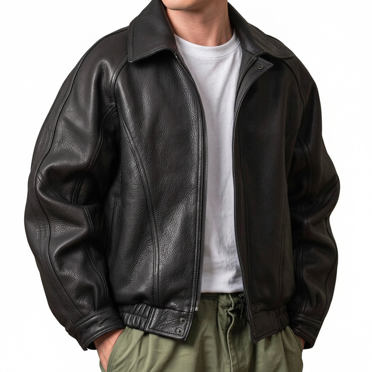 Men's Faux Leather Bomber Jacket with Zip Closure and Structured Collar