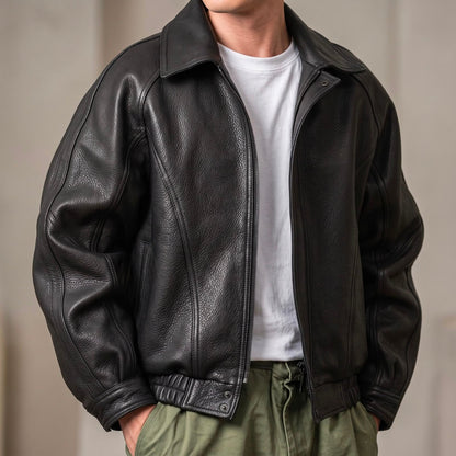Men's Faux Leather Bomber Jacket with Zip Closure and Structured Collar