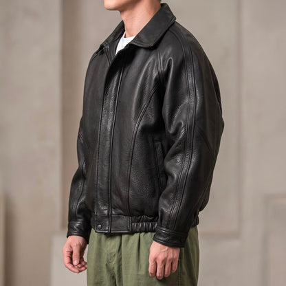 Men's Faux Leather Bomber Jacket with Zip Closure and Structured Collar