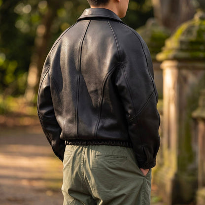 Men's Faux Leather Bomber Jacket with Zip Closure and Structured Collar