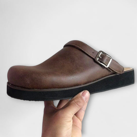 Men's Faux Leather Clogs with Buckle Strap and Round Toe