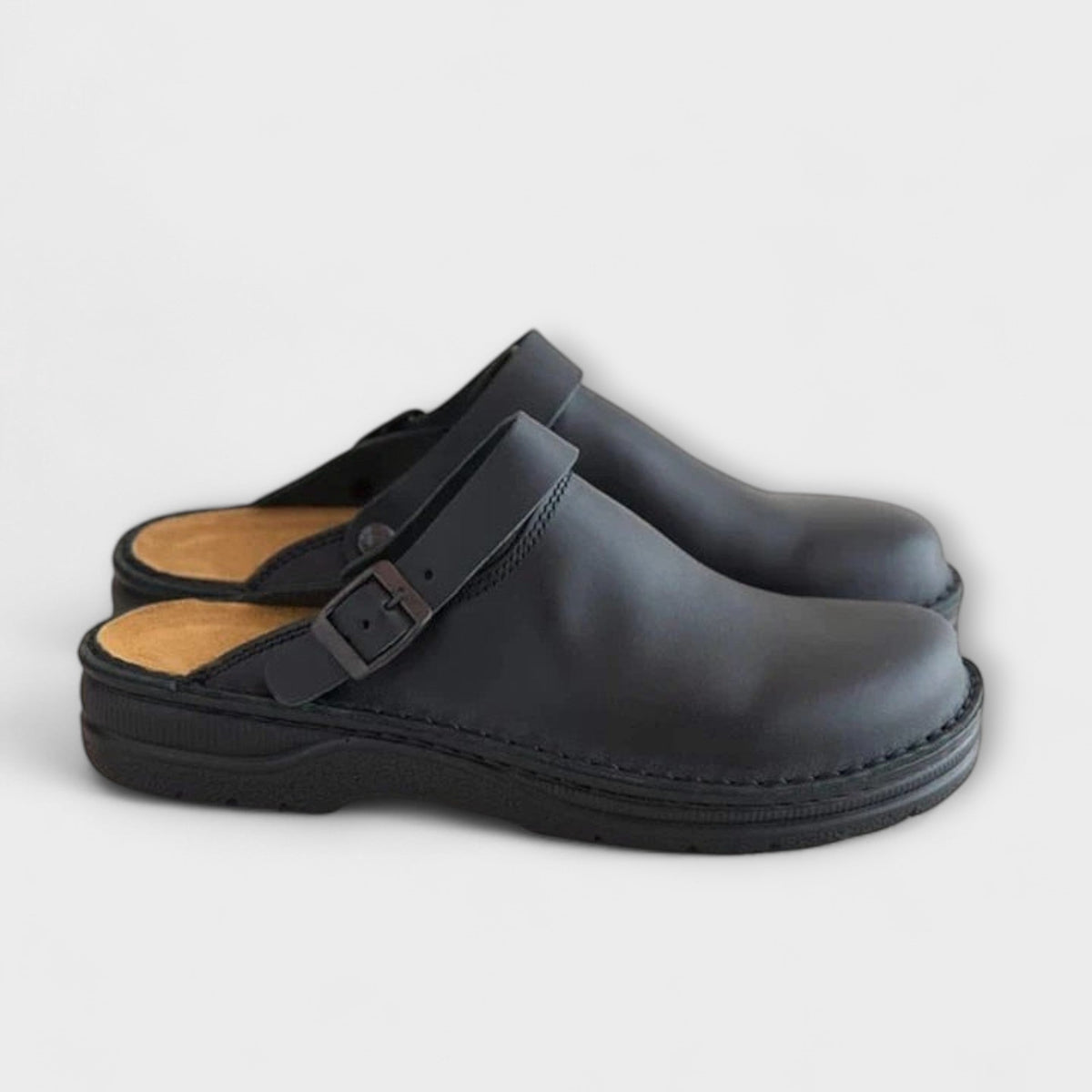 Men's Faux Leather Clogs with Buckle Strap and Round Toe