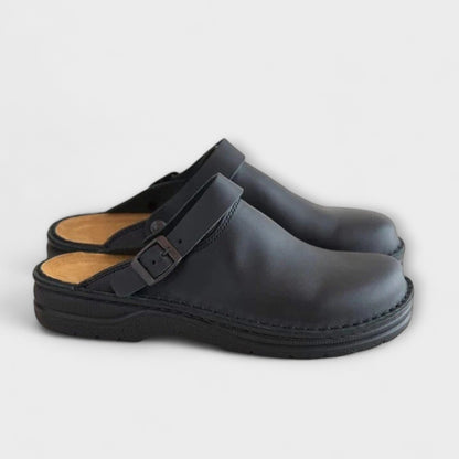 Men's Faux Leather Clogs with Buckle Strap and Round Toe