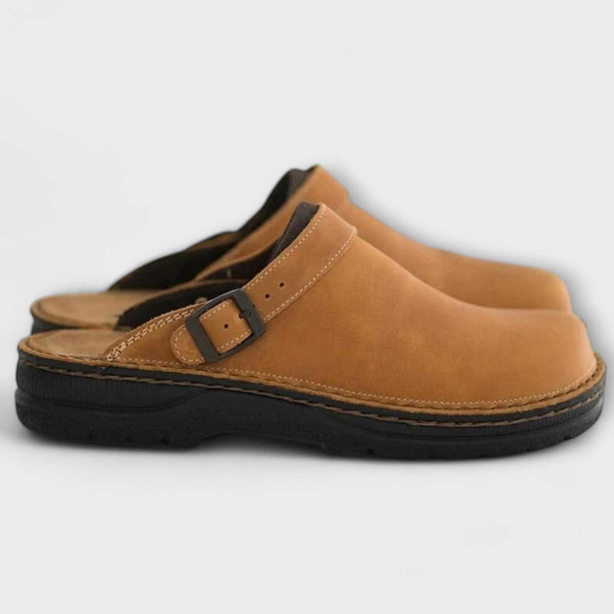 Men's Faux Leather Clogs with Buckle Strap and Round Toe