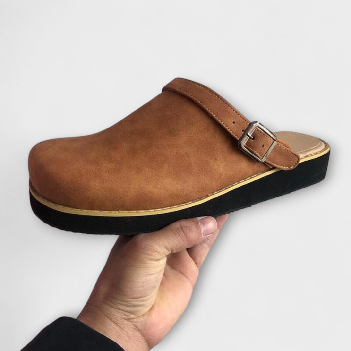 Men's Faux Leather Clogs with Buckle Strap and Round Toe