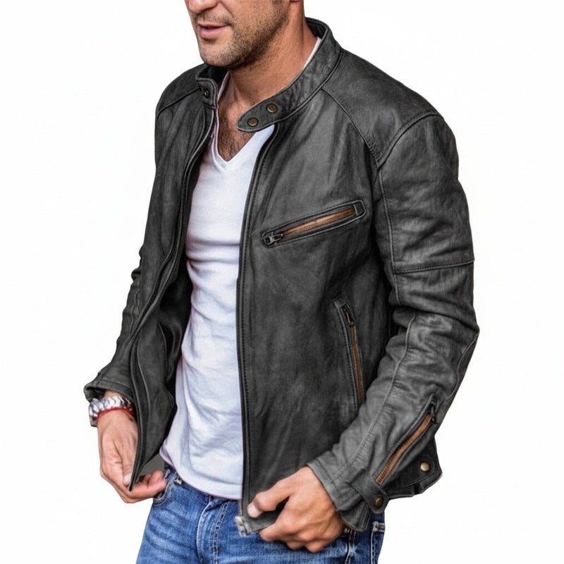 Men's Faux Leather Moto Jacket with Stand Collar and Zip Closure