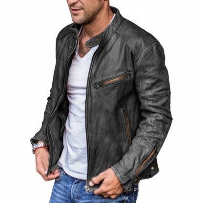 Men's Faux Leather Moto Jacket with Stand Collar and Zip Closure