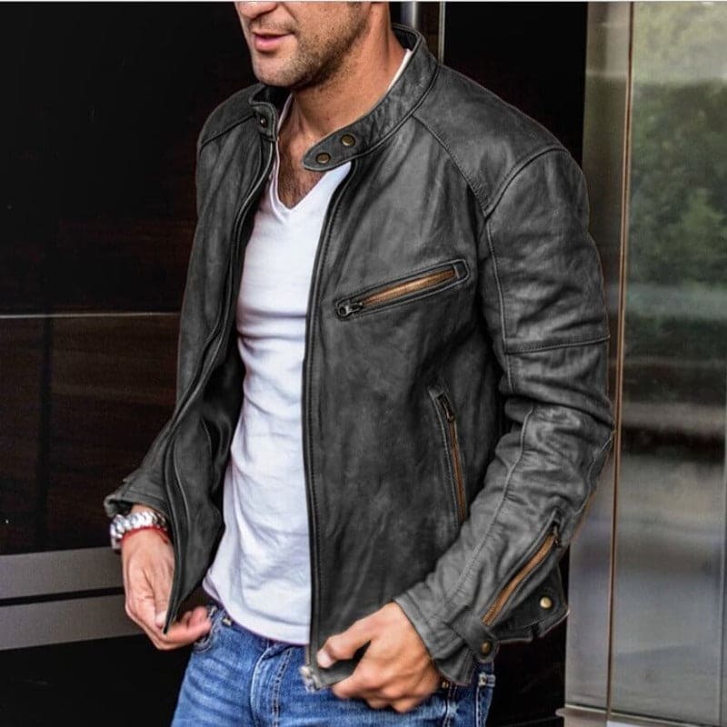 Men's Faux Leather Moto Jacket with Stand Collar and Zip Closure