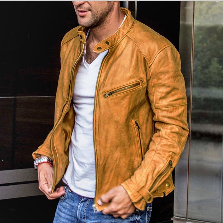 Men's Faux Leather Moto Jacket with Stand Collar and Zip Closure