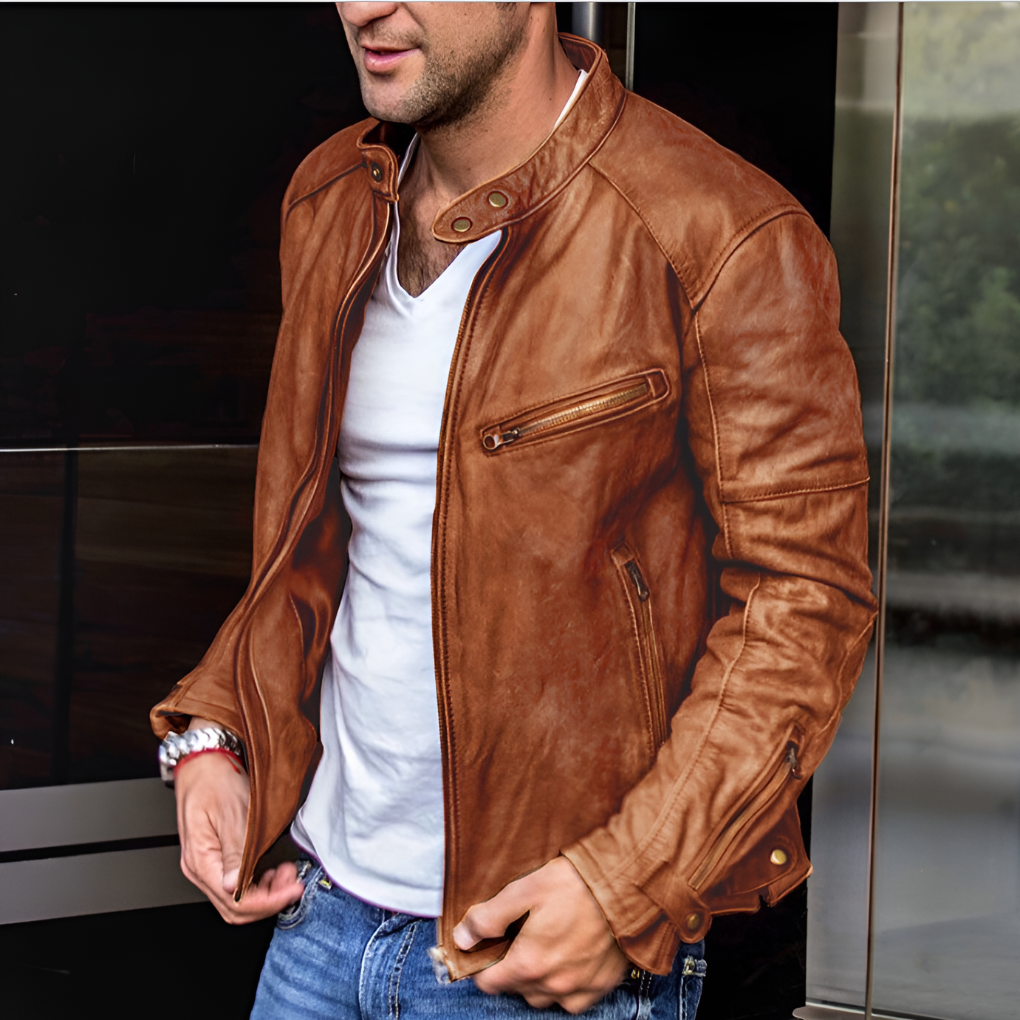 Men's Faux Leather Moto Jacket with Stand Collar and Zip Closure