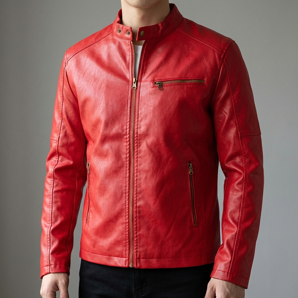 Men's Faux Leather Moto Jacket with Stand Collar and Zip Closure