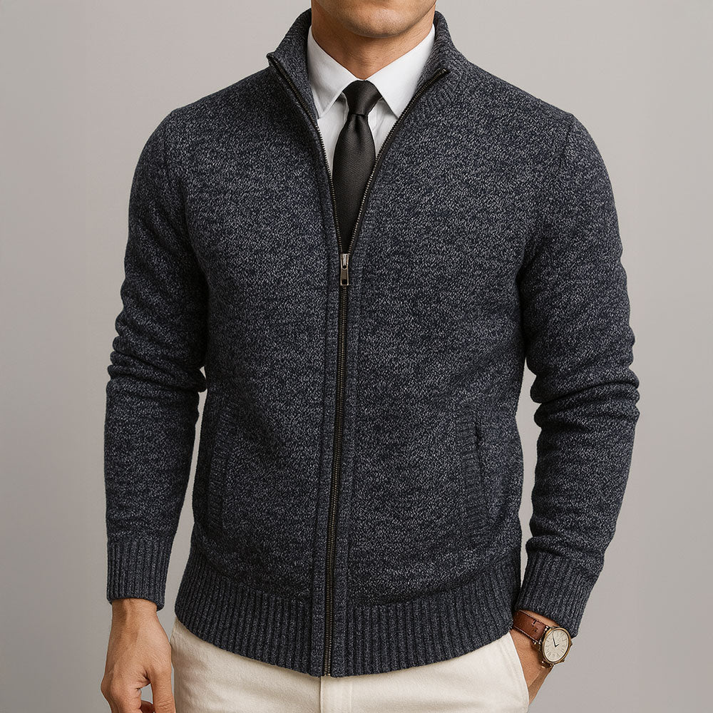 Men's Full-Zip Cardigan with Stand Collar and Long Sleeves