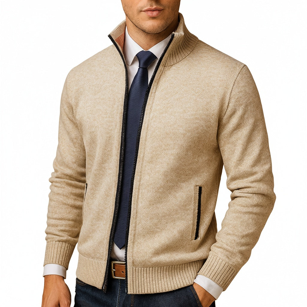 Men's Full-Zip Cardigan with Stand Collar and Side Pockets