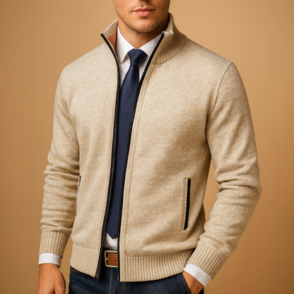 Men's Full-Zip Cardigan with Stand Collar and Side Pockets