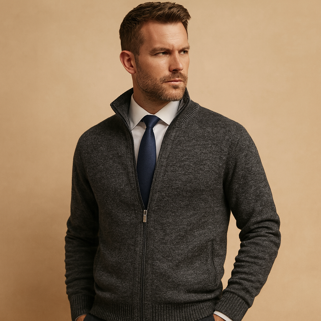 Men's Full-Zip Cardigan with Stand Collar and Side Pockets