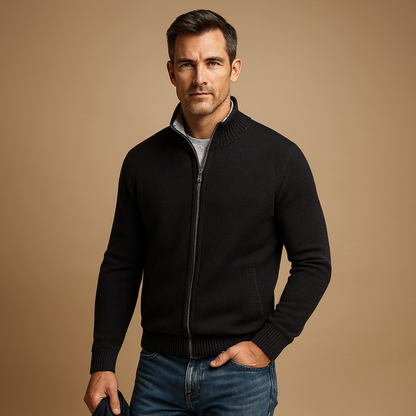 Men's Full-Zip Cardigan with Stand Collar and Side Pockets