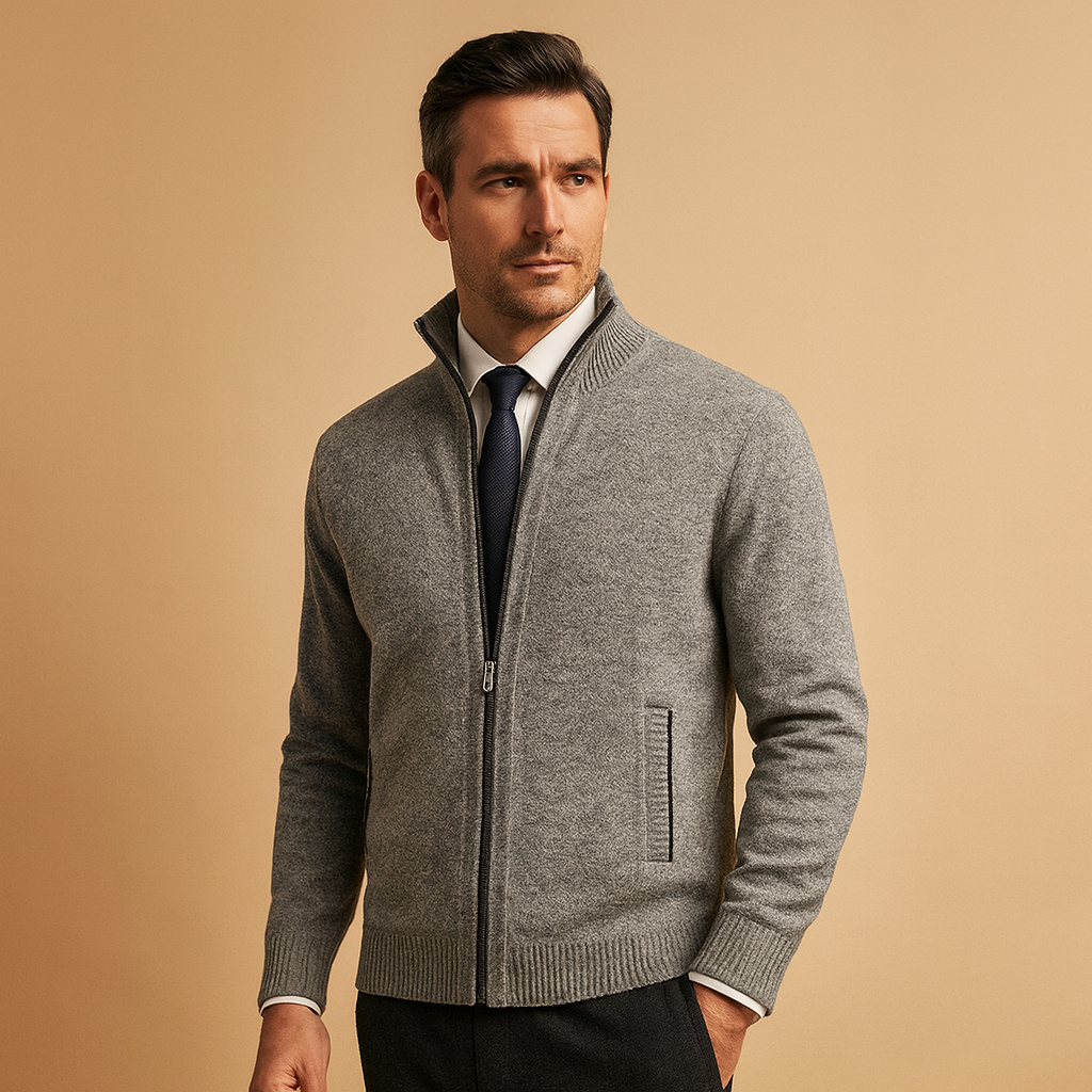 Men's Full-Zip Cardigan with Stand Collar and Side Pockets