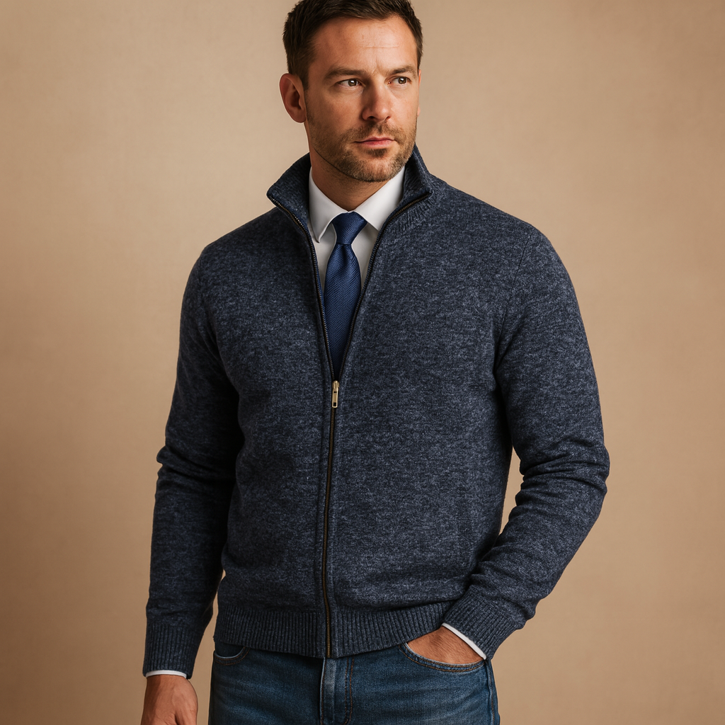 Men's Full-Zip Cardigan with Stand Collar and Side Pockets