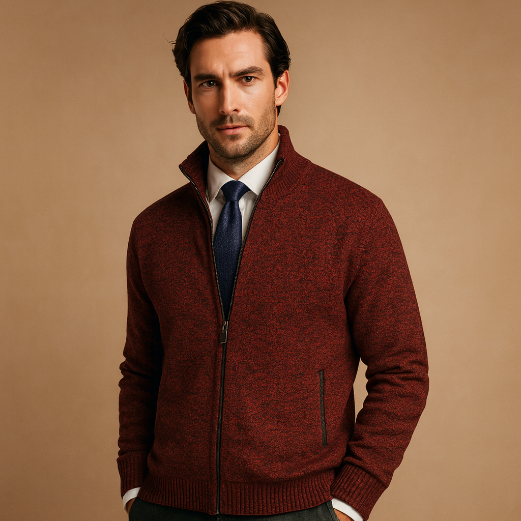 Men's Full-Zip Cardigan with Stand Collar and Side Pockets