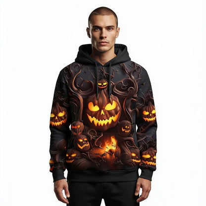 Men's Halloween Hoodie with All-Over Pumpkin Print and Hood