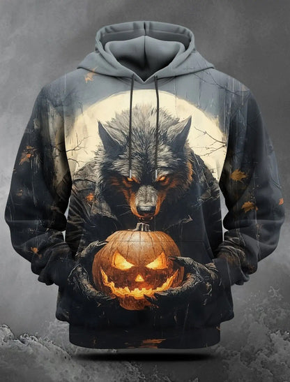 Men's Halloween Hoodie with All-Over Pumpkin Print and Hood