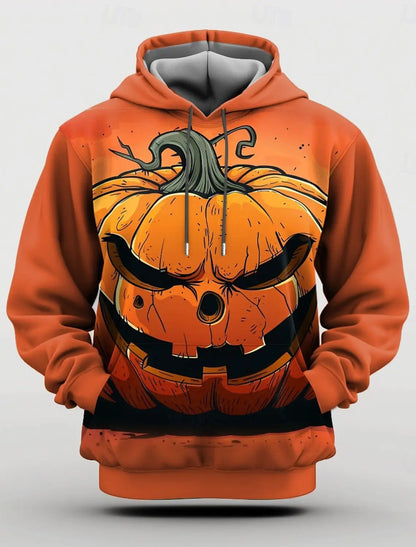 Men's Halloween Hoodie with All-Over Pumpkin Print and Hood