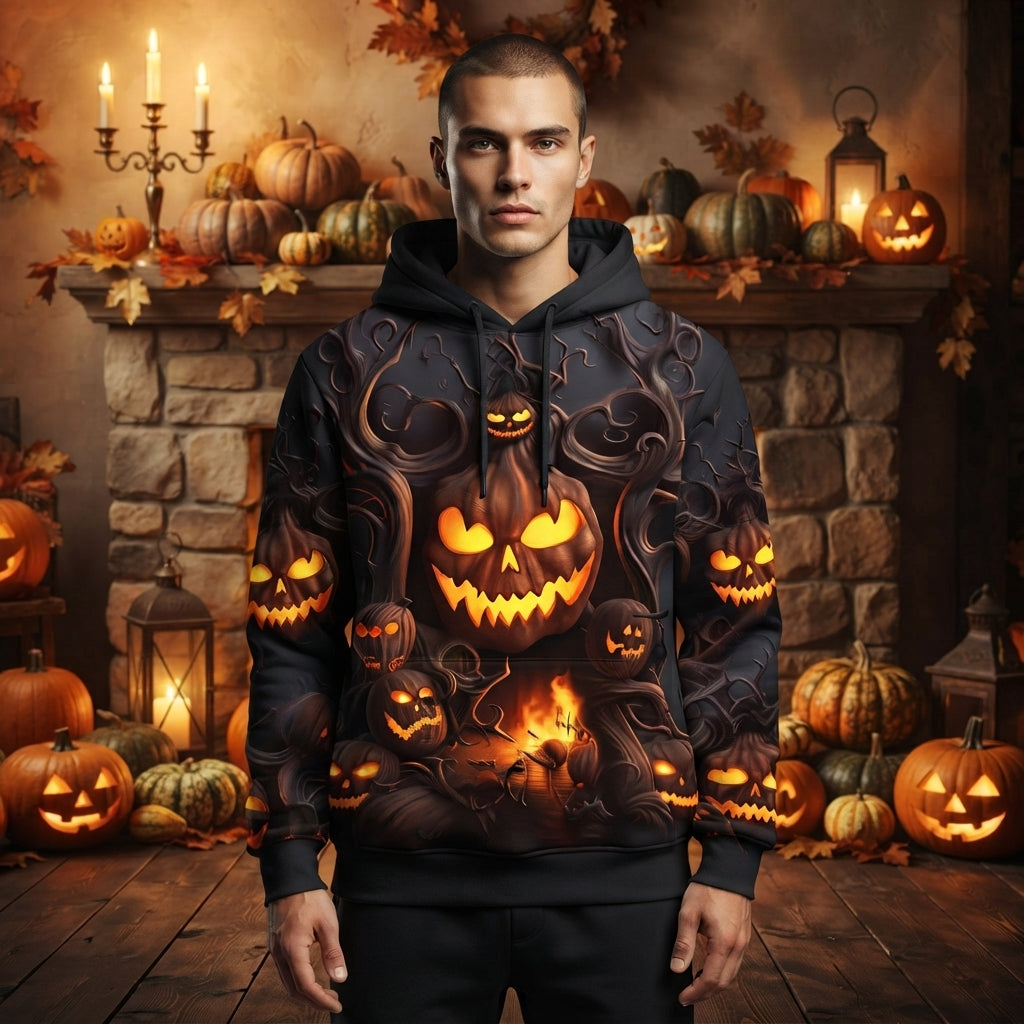 Men's Halloween Hoodie with All-Over Pumpkin Print and Hood