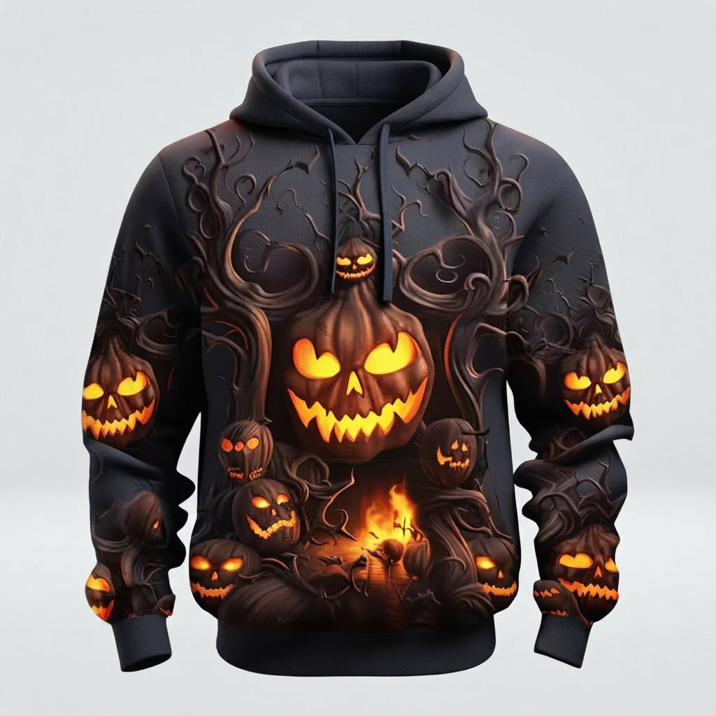 Men's Halloween Hoodie with All-Over Pumpkin Print and Hood