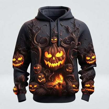 Men's Halloween Hoodie with All-Over Pumpkin Print and Hood
