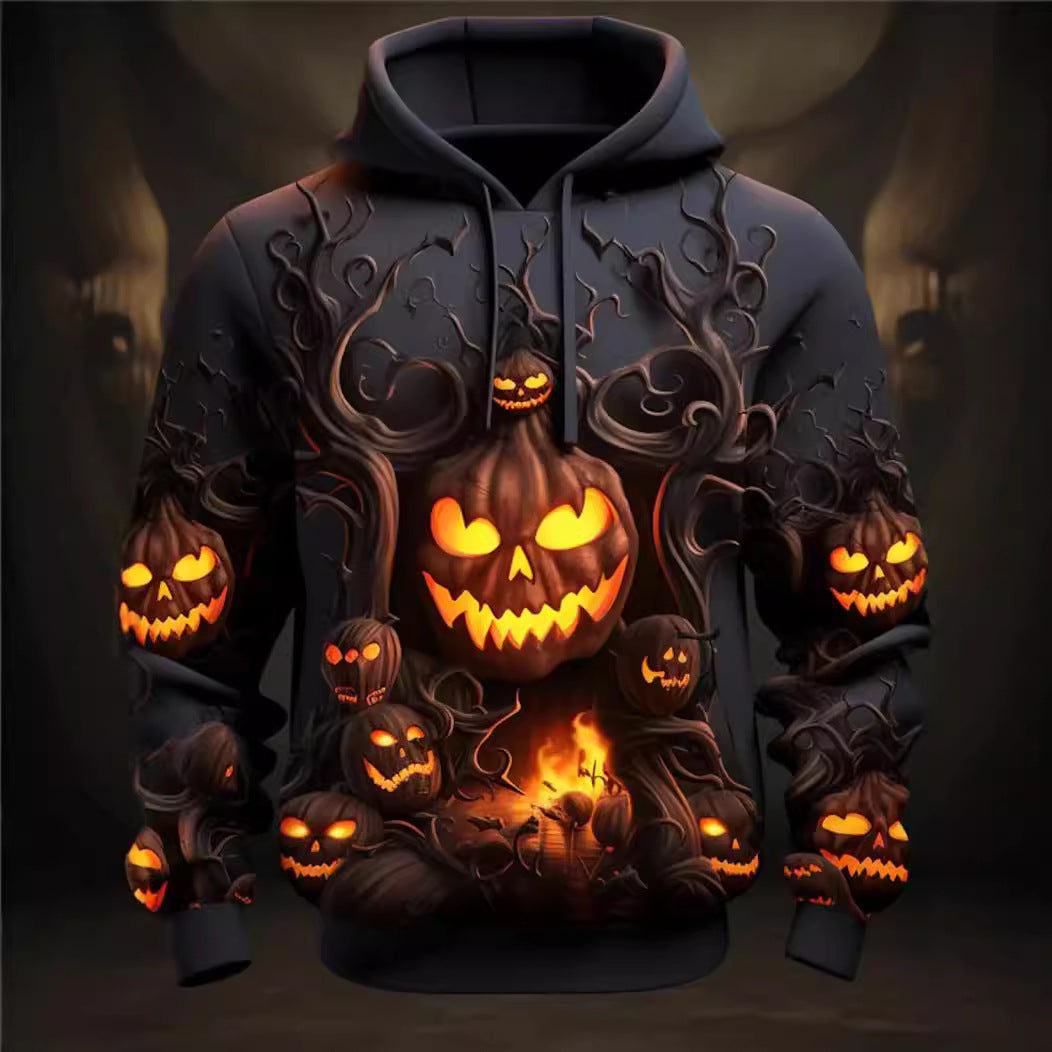 Men's Halloween Hoodie with All-Over Pumpkin Print and Hood