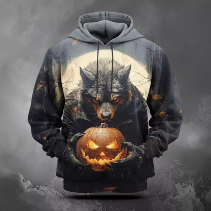Men's Halloween Hoodie with All-Over Pumpkin Print and Hood